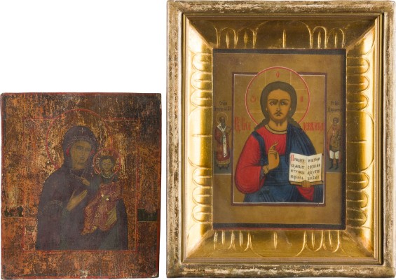 Auction 156<br>ZWEI IKONEN: CHRISTUS PANTOKRATOR IM KIOT UND GOTTESMUTTER VON SMOLENSK (SMOLENSKAJA)