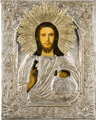 Bild KLEINE IKONE MIT CHRISTUS DEM WELTENHERRSCHER MIT OKLAD