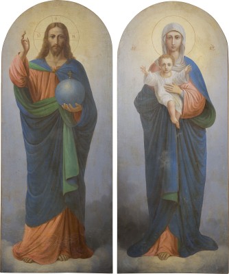 Auction 156<br>PAAR MONUMENTALE IKONEN MIT CHRISTUS DEM WELTENHERRSCHER UND DER GOTTESMUTTER VASNETSOVSKAJA