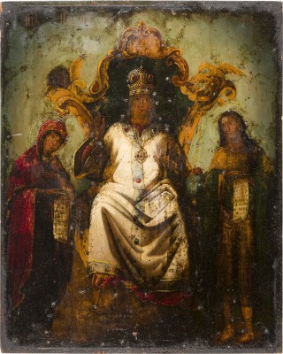 Bild GROSSFORMATIGE IKONE MIT CHRISTUS ALS HOHEPRIESTER FLANKIERT VON DER GOTTESMUTTER UND JOHANNES DEM VORLÄUFER