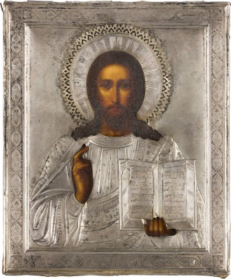 Bild IKONE MIT CHRISTUS PANTOKRATOR MIT SILBER-OKLAD