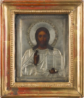 Auction 156<br>IKONE MIT CHRISTUS PANTOKRATOR MIT SILBER-OKLAD IM KIOT-RAHMEN