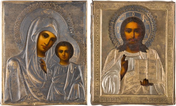 Auction 156<br>HOCHZEITSIKONEN MIT VERMEIL-OKLAD: GOTTESMUTTER VON KASAN (KASANSKAJA) UND CHRISTUS PANTOKRATOR
