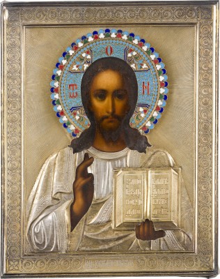 Bild KLEINE IKONE MIT CHRISTUS PANTOKRATOR MIT CLOISONNÉ-EMAIL-OKLAD