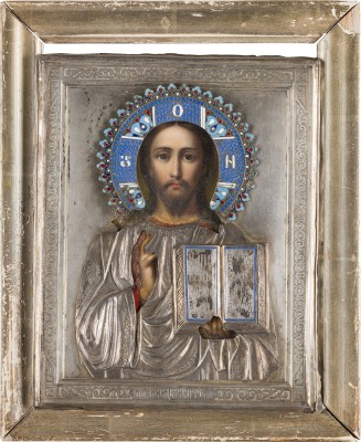 Picture IKONE MIT CHRISTUS PANTOKRATOR MIT CHAMPLEVÉ-EMAIL-OKLAD