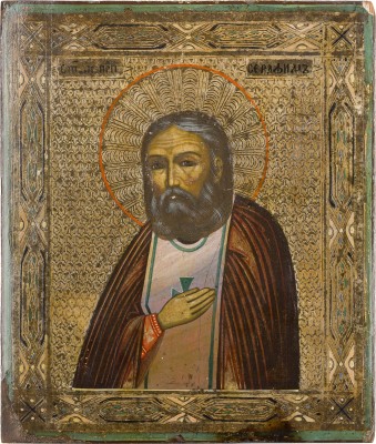 Auktion 156<br>ZWEI IKONEN MIT DEESIS UND DEM HEILIGEN SERAFIM VON SAROW UND KRUZIFIX