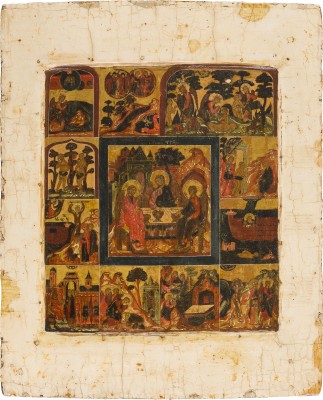 Auction 156<br>SEHR SELTENE UND FEINE IKONE MIT DER ALTTESTAMENTLICHEN DREIFALTIGKEIT UND DER ERSCHAFFUNG DER WELT