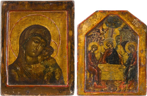 Auktion 156<br>ZWEI KLEINE IKONEN: GOTTESMUTTER UND FEINE MINIATUR-IKONE MIT DER ALTTESTAMENTLICHEN DREIFALTIGKEIT