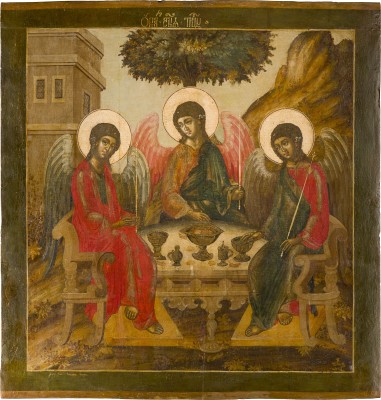 Auktion 156<br>BEDEUTENDE MONUMENTALE, SIGNIERTE IKONE MIT DER ALTTESTAMENTLICHEN DREIFALTIGKEIT AUS EINER KIRCHEN-IKONOSTASE