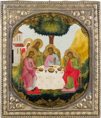 Auction 156<br>GROSSFORMATIGE IKONE MIT DER ALTTESTAMENTLICHEN DREIFALTIGKEIT MIT BASMA