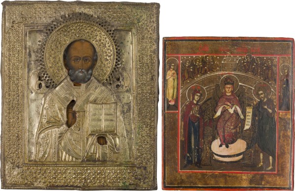 Auction 156<br>ZWEI KLEINE IKONEN: SOPHIA, DIE GÖTTLICHE WEISHEIT UND HEILIGER NIKOLAUS VON MYRA MIT OKLAD