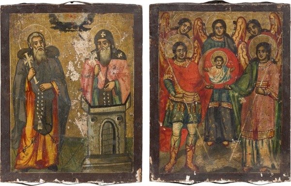 Auktion 156<br>DOPPELSEITIGE IKONE MIT DEN HEILIGEN SAWA UND SIMEON STYLITES SOWIE DER SYNAXIS DER ERZENGEL