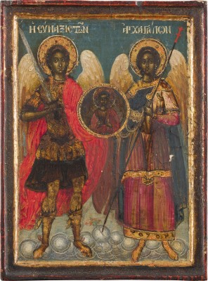 Auktion 156<br>KLEINE DATIERTE IKONE MIT DEN ERZENGELN MICHAEL UND GABRIEL MIT CHRISTUS EMANUEL