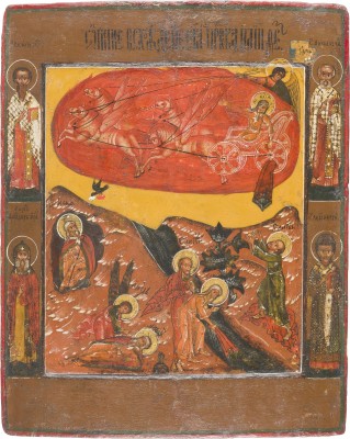 Picture FEINE IKONE MIT DEM PROPHETEN ELIAS, SEINEM LEBEN IN DER WÜSTE UND SEINER FEURIGEN HIMMELFAHRT