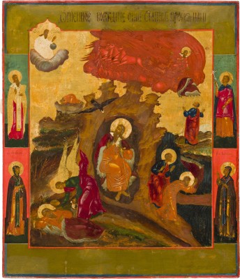 Bild GROSSFORMATIGE IKONE MIT DEM PROPHETEN ELIAS, SEINEM LEBEN IN DER WÜSTE UND SEINER FEURIGEN HIMMELFAHRT