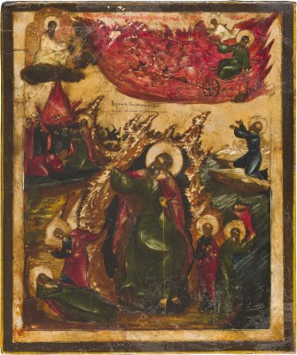 Bild KLEINE IKONE MIT DEM PROPHETEN ELIAS, SEINEM LEBEN IN DER WÜSTE UND SEINER FEURIGEN HIMMELFAHRT