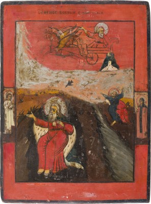 Bild IKONE MIT DEM PROPHETEN ELIAS, SEINEM LEBEN IN DER WÜSTE UND SEINER FEURIGEN HIMMELFAHRT