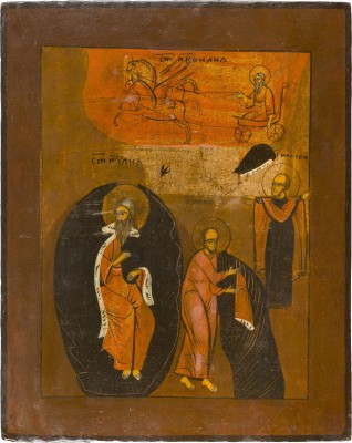 Bild GROSSE IKONE MIT DEM PROPHETEN ELIAS, SEINEM LEBEN IN DER WÜSTE UND SEINER FEURIGEN HIMMELFAHRT