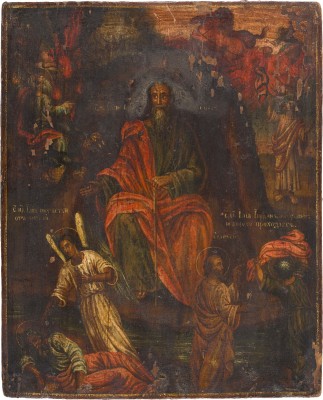 Bild IKONE MIT DEM PROPHETEN ELIAS, SEINEM LEBEN IN DER WÜSTE UND SEINER FEURIGEN HIMMELFAHRT