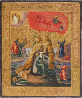 Bild IKONE MIT DEM PROPHETEN ELIAS, SEINEM LEBEN IN DER WÜSTE UND SEINER FEURIGEN HIMMELFAHRT