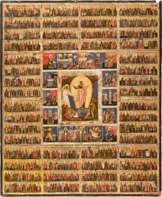 Auction 156<br>GROSSFORMATIGE UND SEHR FEINE IKONE MIT DER AUFERSTEHUNG, DER PASSION CHRISTI UND DEN ZWÖLF MONATEN DES LITURGISCHEN JAHRES