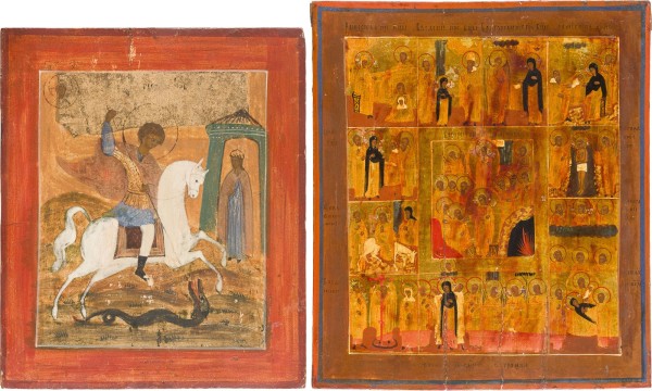 Auktion 156<br>ZWEI IKONEN: HEILIGER GEORG DER DRACHENTÖTER UND FESTTAGSIKONE