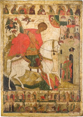 Auktion 156<br>MONUMENTALE IKONE MIT DEM HEILIGEN GEORG DEM DRACHENTÖTER MIT SEINEM MARTYRIUM