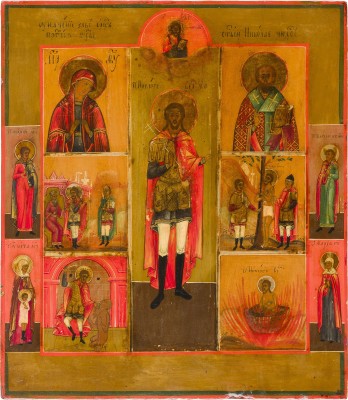 Bild SELTENE IKONE MIT DEM HEILIGEN NIKITA MIT SZENEN SEINER VITA, DER GOTTESMUTTER UND DEM HEILIGEN NIKOLAUS VON MYRA