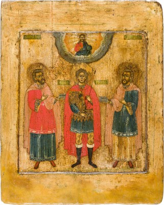 Bild GROSSFORMATIGE IKONE MIT DEM KRIEGERHEILIGEN GEORG FLANKIERT VON KOSMAS UND DAMIAN