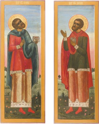 Auktion 156<br>PAAR MONUMENTALE IKONEN AUS EINER KIRCHEN-IKONOSTASE MIT DEN ARZTHEILIGEN KOSMAS UND DAMIAN