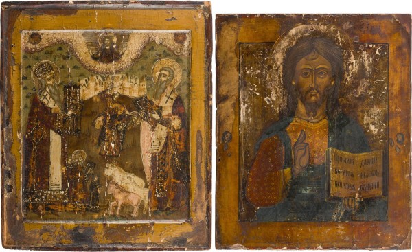 Auktion 156<br>ZWEI IKONEN: FEINE IKONE MIT DEN HEILIGEN MEDOST UND BLASIUS UND CHRISTUS PANTOKRATOR