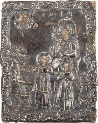 Picture MINIATUR-IKONE MIT DER HEILIGEN SOPHIA MIT IHREN TÖCHTERN GLAUBE, LIEBE UND HOFFNUNG MIT SILBER-OKLAD