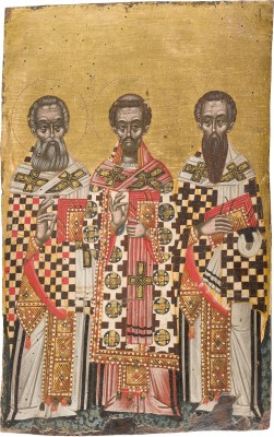 Auction 156<br>SEHR FEINE UND GROSSFORMATIGE IKONE MIT DEN DREI HIERARCHEN BASILIUS DEM GROSSEN, GREGOR DEM THEOLOGEN UND JOHANNES CHRYSOSTOMUS