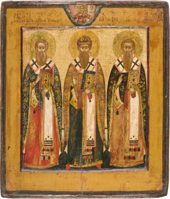 Auction 156<br>FEINE IKONE MIT DEN DREI HEILIGEN HIERARCHEN BASILIOS DEM GROSSEN, GREGORIOS DEM THEOLOGEN UND JOHANNES CHRYSOSTOMUS