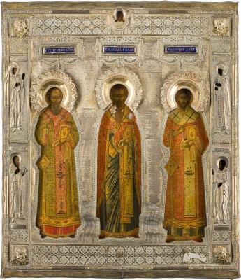 Picture IKONE MIT DEN DREI HIERARCHEN BASILIUS DEM GROSSEN, GREGOR DEM THEOLOGEN UND JOHANNES CHRYSOSTOMUS MIT RIZA
