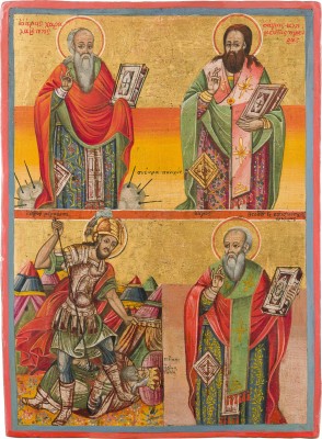 Picture GROSSE UND SELTENE IKONE MIT DEN HEILIGEN CHARALAMPOS, KLEMENS, MERKURIOS UND THEODOR, BISCHOF VON ANKYRA