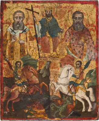 Auction 156<br>DATIERTE IKONE MIT DEN HEILIGEN KONSTANTIN, ATHANASIUS, CHARALAMPIUS, DEMETRIUS UND GEORG