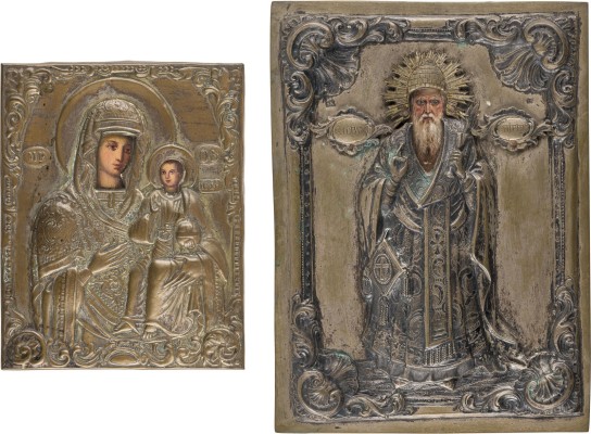 Auction 156<br>ZWEI IKONEN MIT OKLAD: GOTTESMUTTER HODEGETRIA UND HEILIGER SPIRIDON