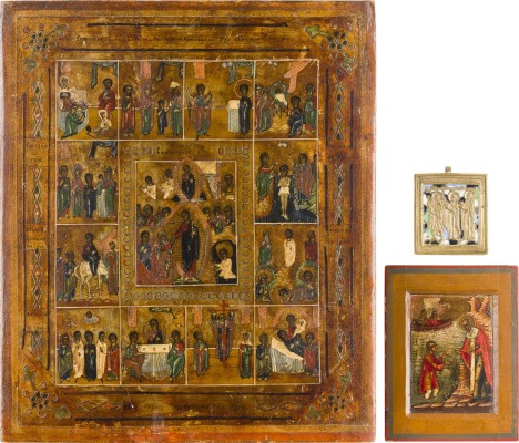 Auction 156<br>IKONENFRAGMENT MIT DEM HEILIGEN NIKOLAUS VON MYRA, FESTTAGSIKONE UND BRONZEIKONE MIT HEILIGEN