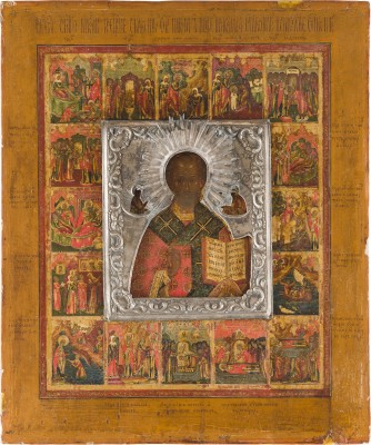 Auction 156<br>SEHR FEINE VITA-IKONE MIT DEM HEILIGEN NIKOLAUS VON MYRA MIT SILBER-RIZA