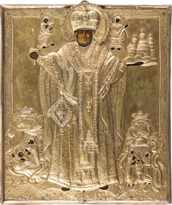 Picture IKONE MIT DEM HEILIGEN NIKOLAUS VON MOSCHAISK MIT ZWEI SZENEN SEINES LEBENS MIT OKLAD