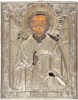 Bild GROSSFORMATIGE IKONE MIT DEM HEILIGEN NIKOLAUS VON MYRA MIT OKLAD
