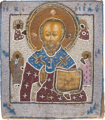 Bild IKONE MIT DEM HEILIGEN NIKOLAUS VON MYRA MIT PERL-OKLAD