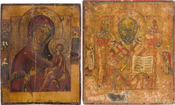 Auction 156<br>ZWEI IKONEN: HEILIGER NIKOLAUS VON MYRA UND GOTTESMUTTER VON TICHWIN (TICHWINSKAJA)