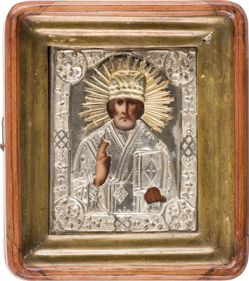 Bild KLEINE IKONE MIT DEM HEILIGEN NIKOLAUS VON MYRA MIT OKLAD IM KIOT