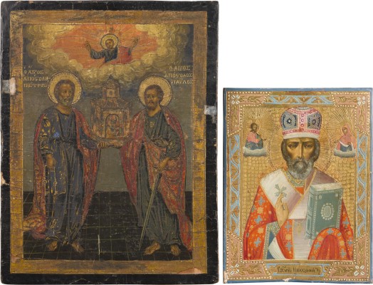 Auktion 156<br>ZWEI IKONEN: HEILIGER NIKOLAUS VON MYRA UND DIE APOSTEL PETRUS UND PAULUS