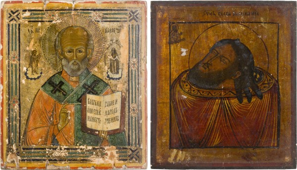 Auktion 156<br>ZWEI IKONEN: HEILIGER NIKOLAUS VON MYRA UND DAS HAUPT JOHANNES DES VORLÄUFERS