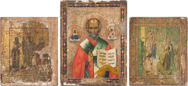 Auktion 156<br>DREI KLEINE IKONEN MIT HEILIGEN UND DEM TEMPELGANG DER GOTTESMUTTER