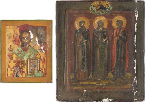 Auktion 156<br>ZWEI IKONEN: HEILIGER NIKOLAUS VON MYRA UND DIE HEILIGEN NIFONT, MOISES UND BONIFATIUS