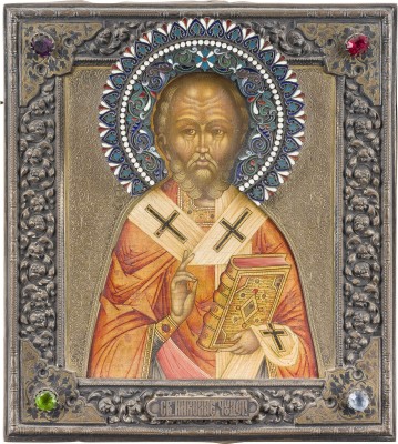Bild KLEINE UND FEINE IKONE MIT DEM HEILIGEN NIKOLAUS VON MYRA MIT CLOISONNÉ-EMAIL-RIZA